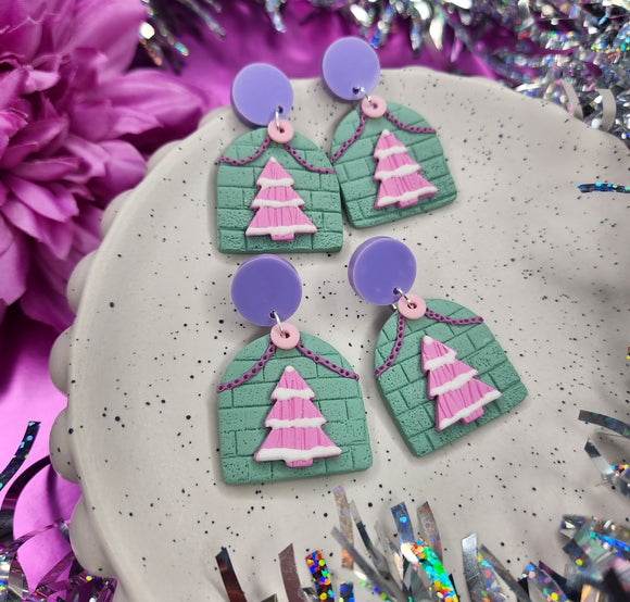 Snowy Pink Christmas Trees with Purple stud tops