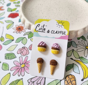 Clayful Sweet Treat Stud Pack - Lavender Iced cupcakes with yellow wrappers and chocolate ice creams