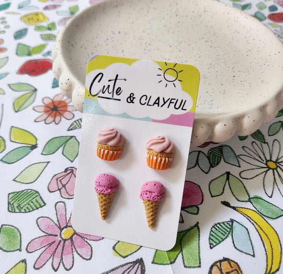 Clayful Sweet Treat Stud Pack - Soft Pink Iced cupcakes and Strawberry ice creams