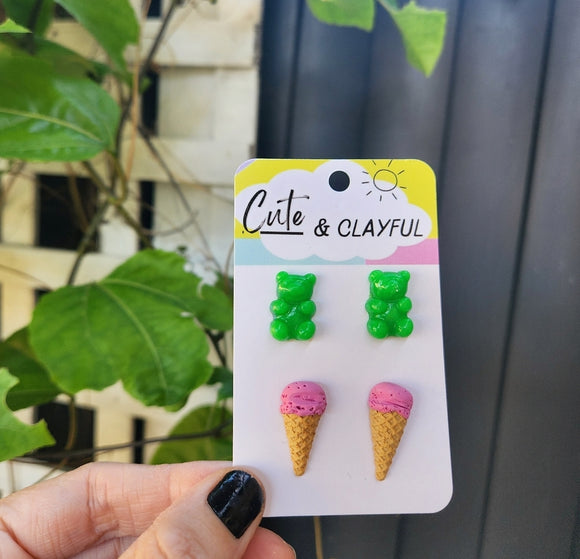 Clayful Sweet Treat Stud Pack - Green Gummy bears and Strawberry Cones