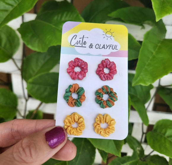 Scunchie Studs - Pink, green and orange twist and yellow
