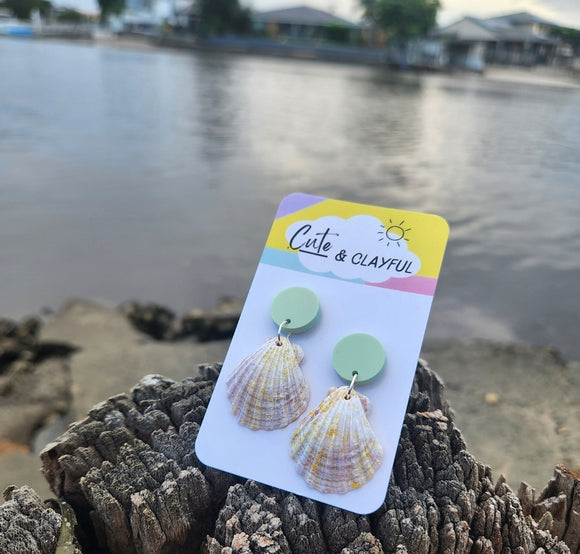 Shell Dangles. Green stud tops