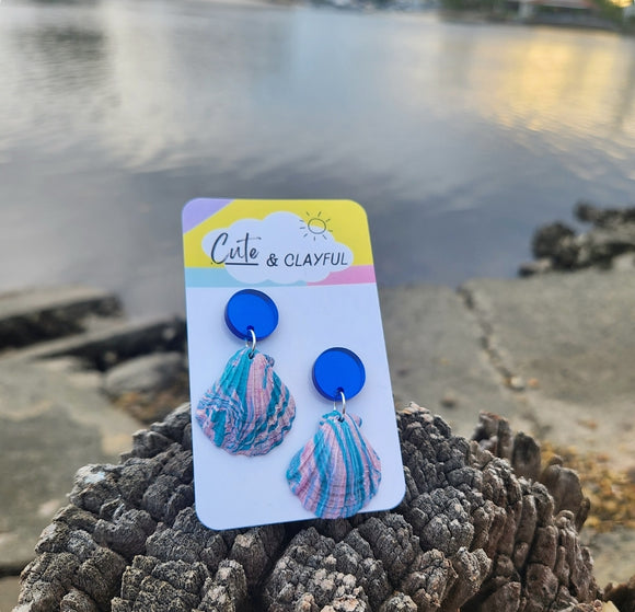 Shell dangles. Blue mirror stud tops