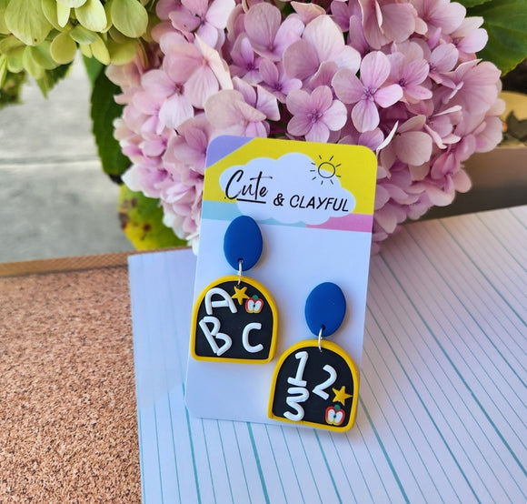 Teacher Earrings - ABC. 123. Yellow and blue