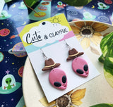 Alien Cowboy dangles. Pink alien with brown hats
