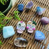Sugar Skulls.. Hook dangles. White and Pink flowers
