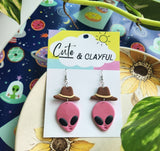 Alien Cowboy dangles. Pink alien with brown hats