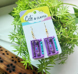 Mix cassette tape dangles. Purple and blue