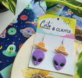 Alien Cowboy dangles. Purple alien with yellow hats