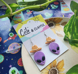 Alien Cowboy dangles. Purple alien with yellow hats